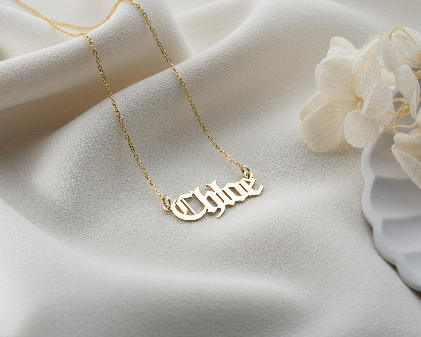 14K Solid Gold Gothic Name Necklace